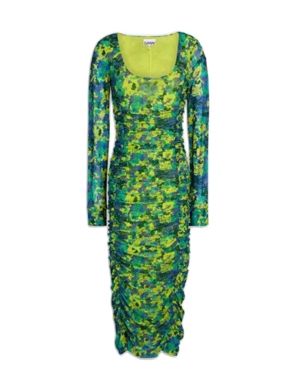 GANNI Ruched Mesh Midi Dress in Floral Green Print